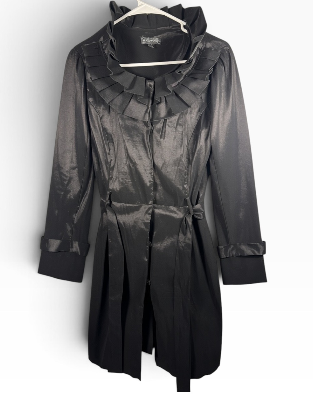 Rampage Black Satin-Trim Ruffled-Collar Trench Coat